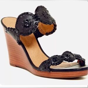 NEW $168 Jack Rogers Black Luccia Skinny Wedge Sandals Whipstich Medallion 7.5